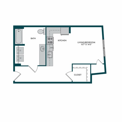 A floor plan of a small apartment with a bathroom, kitchen, living/bedroom, and closet.